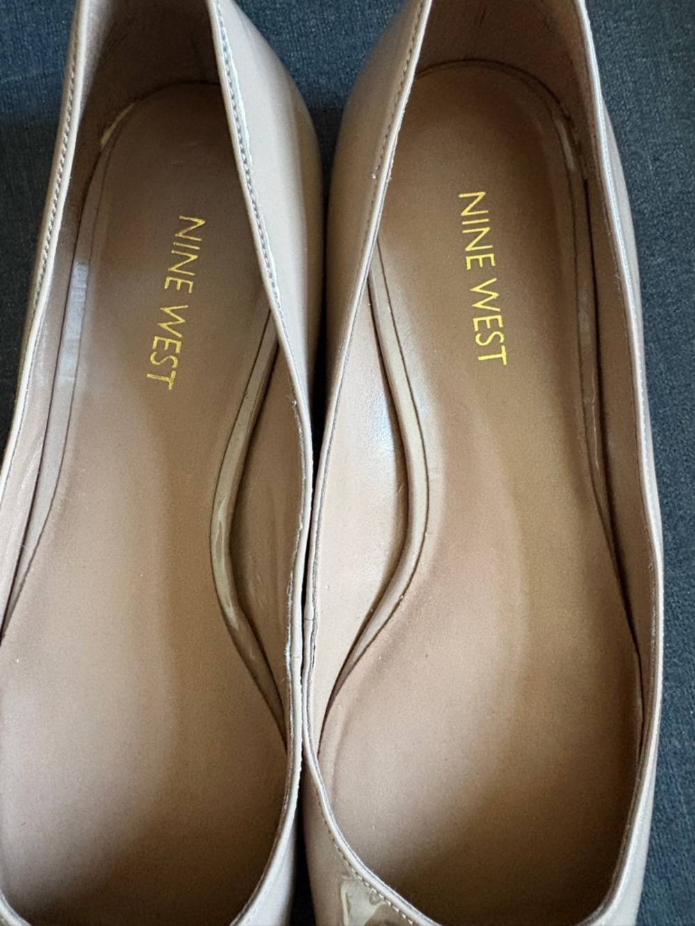Nine West Beige Patent Leather Low Heel Flats with Gold Geometric Accent - Picture 8 of 8
